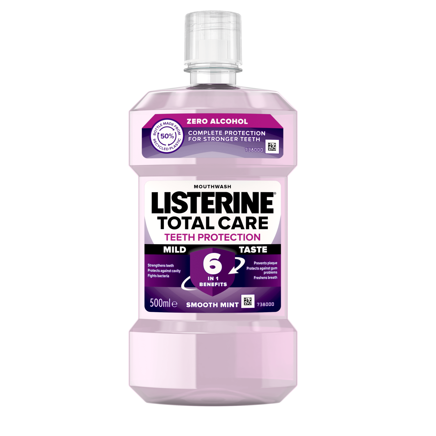 Listerine Total Care Teeth Protection 6 benefits in 1 Mild Taste 500 ml termékfotó, complete protection for stronger teeth, strengthens teeth, protects against cavity, fights bacteria, prevents plaque, protects against gum problems, freshens breath feliratokkal