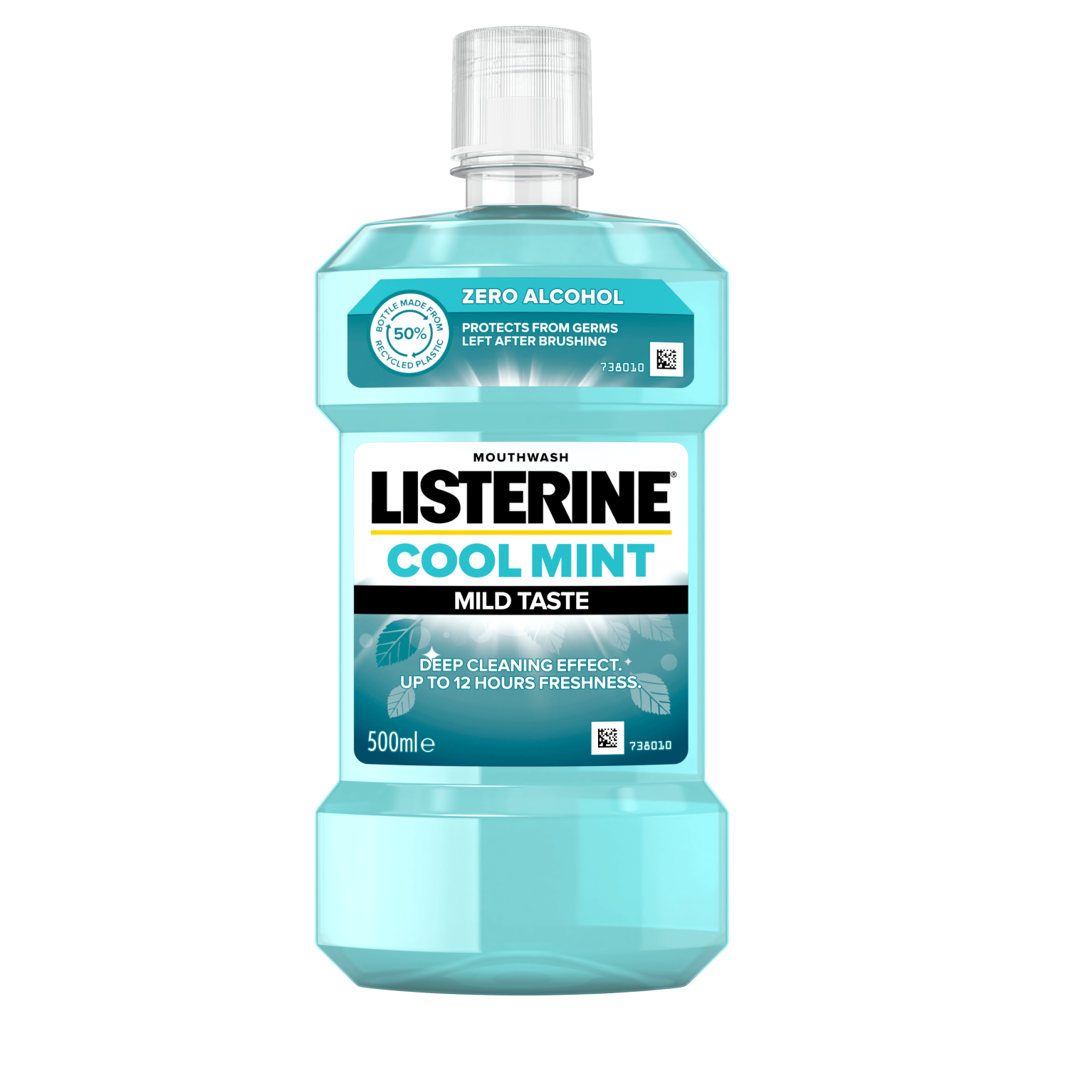 Listerine Cool Mint Mild Mint 500 ml termékfotó, Protects from Germs left after brushing és Deep Cleaning effect up to 12 hours freshness feliratokkal
