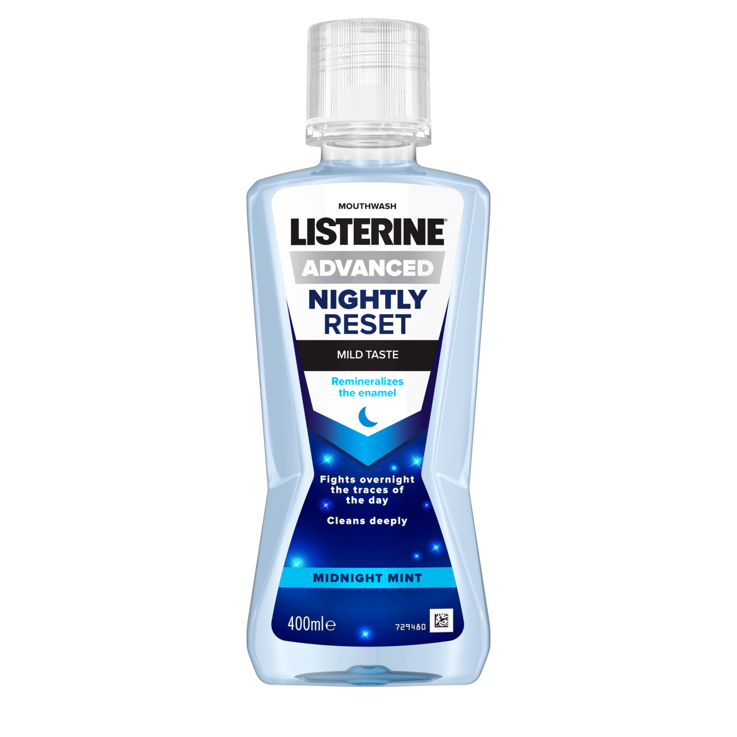 Listerine Advanced Nightly Reset Mild Taste Midnight Mint 400 ml, remineralizes the enamel, fights overnight the traces of the day, cleans deeply feliratokkal