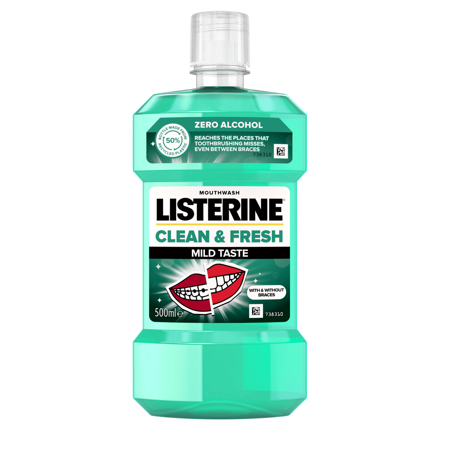 Listerine Clean & Fresh Mild Taste 500 ml termékfotó, reaches the places that toothbrushing misses, even between braces és with & without braces feliratokkal